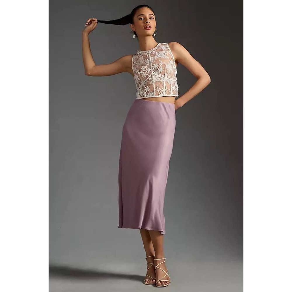 Anthropologie Elyse Satin Midi Skirt Lavender Purple XL Elastic Waist